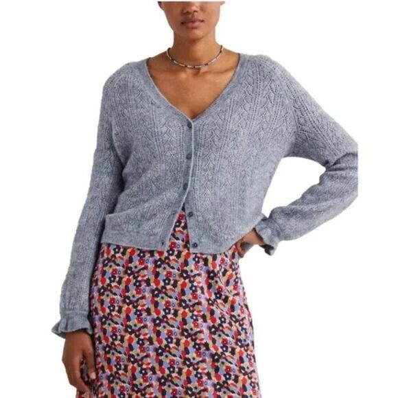 Boden Wool Blend Lace Pointelle Blue Fluffy Cardigan Ruffle Cuffs Sz 14 - Picture 1 of 9